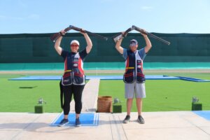 Caitlin Connor and Hayden Stewart after winning bronze in mixed skeet.