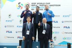 Lucas Kozeniesky, top left, after he earned a silver medal in Men’s 10M Air Rifle at the Changwon World Cup