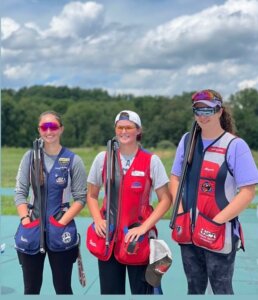 The overall women’s trap medalists. L to R Kaleigh Castillo, silver; Sydney Krieger, gold; Abbey Wigh, bronze. 